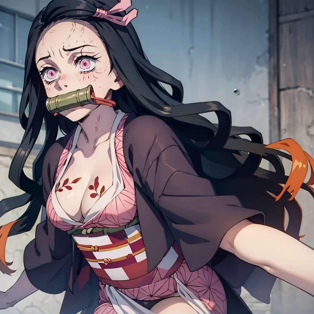 masterpiece, (pink kimono), seductive face, good lighting, cleavage, fine detail, masterpiece, glowing eyes, 1girl, black hair, sucking, nezuko kamado, wisteria background, masterpiece, best quality, pov,,