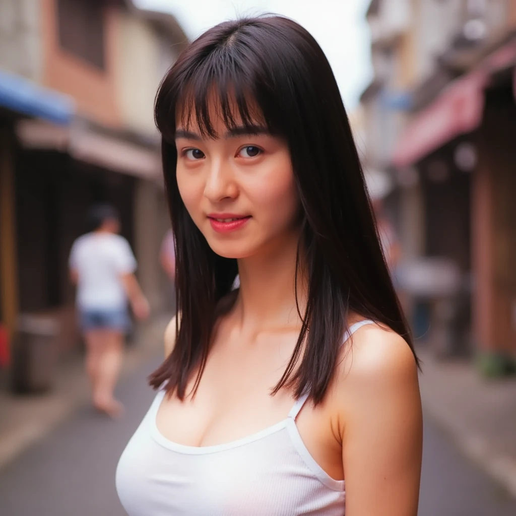 (((Mika, 1girl, solo))), 8k, raw photo, perfectly focused, best focus, realistic skin texture, masterpiece, highest quality, photorealistic, tank top, in the town