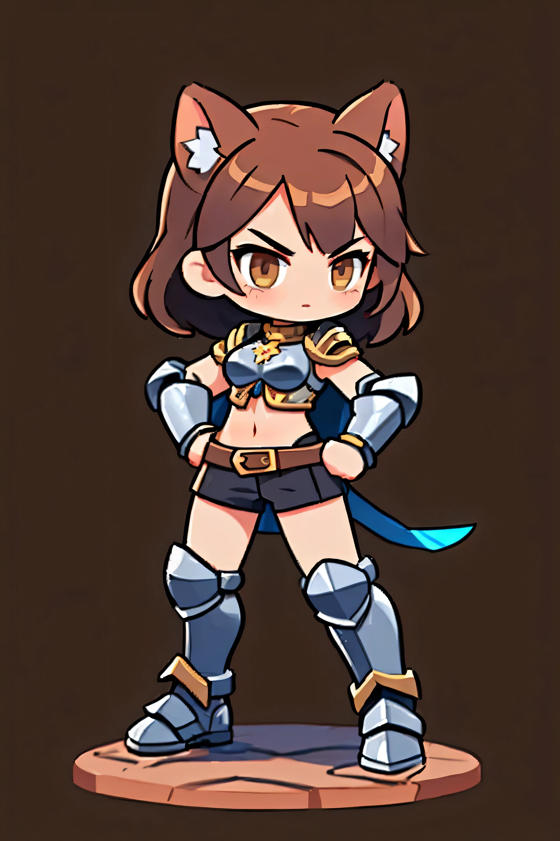 One female warrior ,   Medieval Full Body Iron Armor, Natural background.   brown hair,   tied hair  ,  cat ears , brown eyes ,   Stylish Poses  ,   dynamic pose,   Battle Sword  . Aggressive posture  