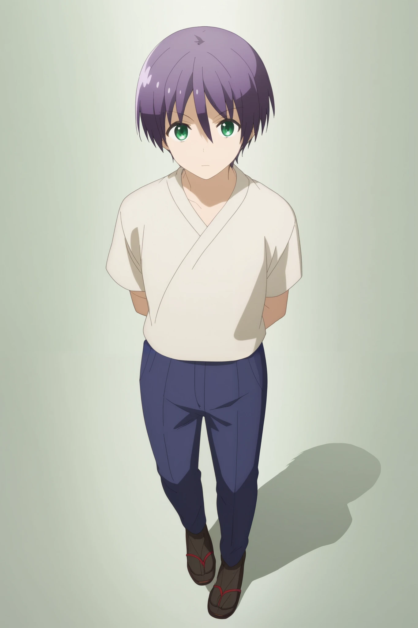 score_9, score_8_up, score_7_up, source_anime, rating_safe, intricate details, anime screencap, , official style, looking at viewer, , 1boy, solo, male focus, nasa_yuzaki, purple hair, green eyes, short hair, hair between eyes, wide angle, wide shot, full body, fuji mountain, light, arms behind back, squinting, samurai outfit