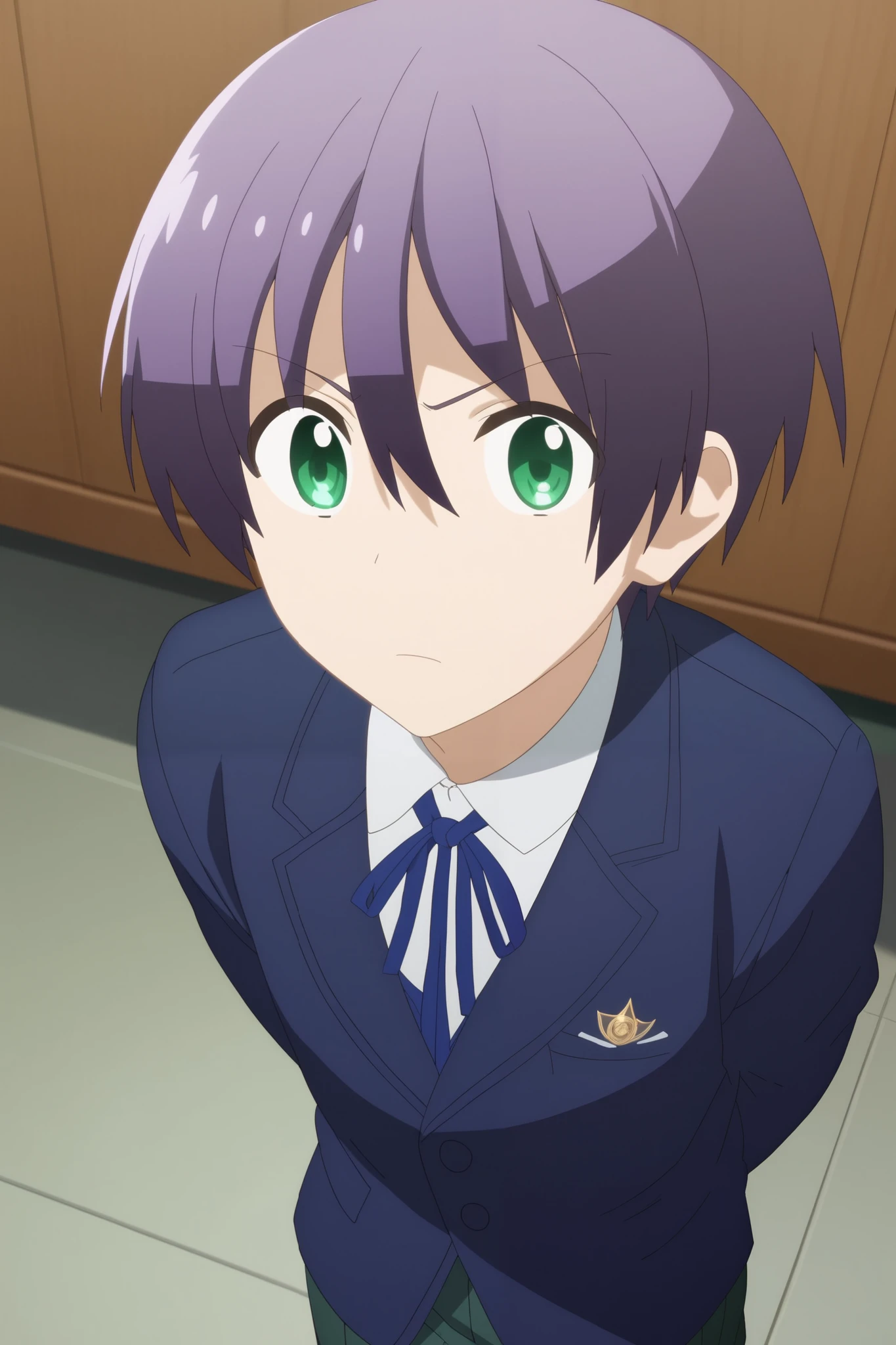 score_9, score_8_up, score_7_up, source_anime, rating_safe, intricate details, anime screencap, , official style, looking at viewer, , 1boy, solo, male focus, nasa_yuzaki, purple hair, green eyes, short hair, hair between eyes, wide angle, wide shot, full body, fuji mountain, light, arms behind back, squinting, school uniform