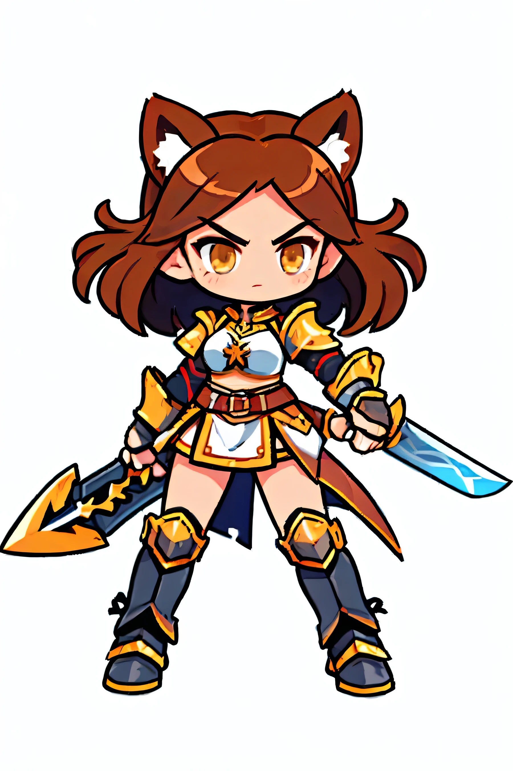 One female warrior , Medieval Full Body Iron Armor, white background. brown hair, tied hair , cat ears , brown eyes , Stylish Poses , dynamic pose, Battle Sword . Aggressive posture
