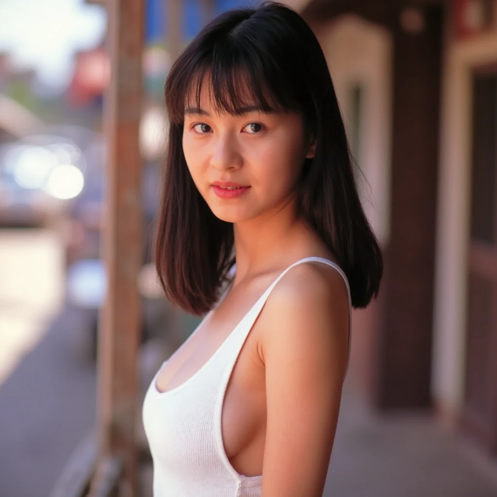 (((Mika, 1girl, solo))), 8k, raw photo, perfectly focused, best focus, realistic skin texture, masterpiece, highest quality, photorealistic, tank top, in the town