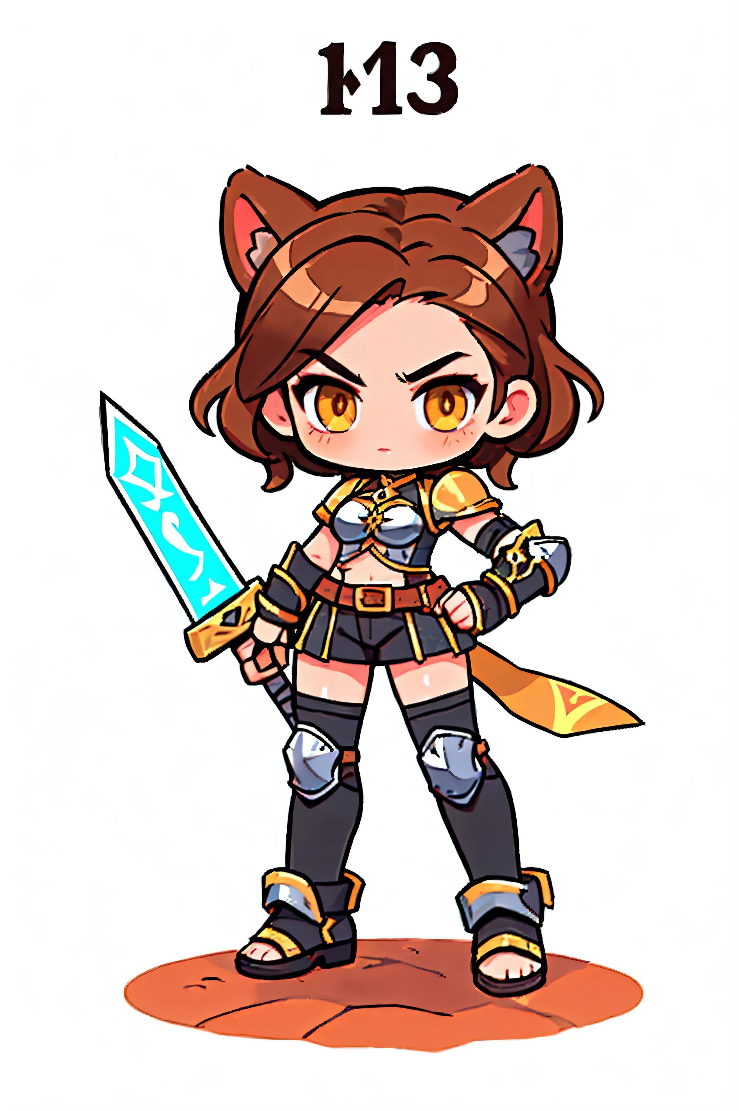 One female warrior ,   Medieval Full Body Iron Armor,   white background.   brown hair,   tied hair  ,  cat ears , brown eyes ,   Stylish Poses  ,  Fighting poses,   Battle Sword  . Aggressive posture  