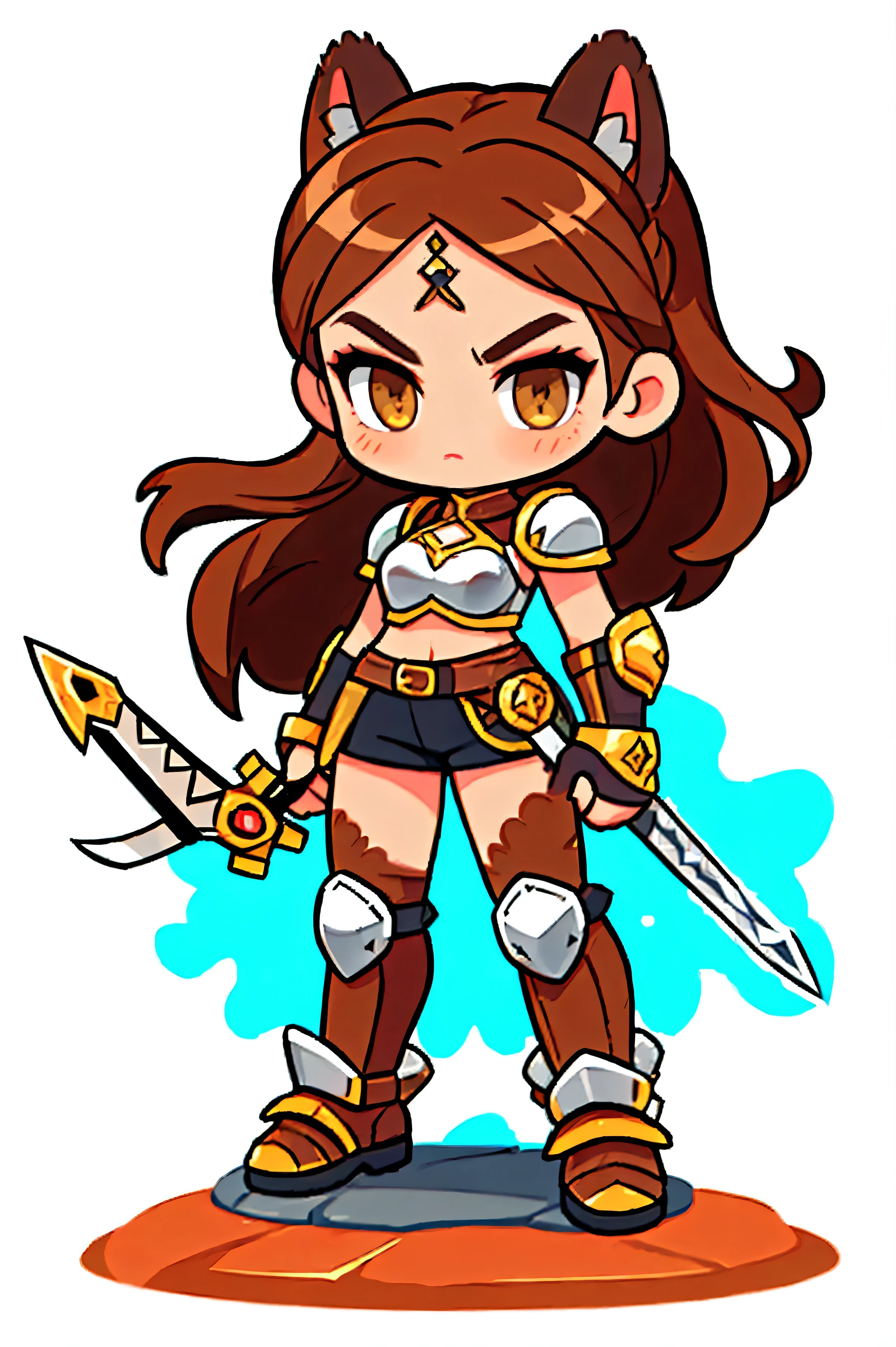 One female warrior ,   Medieval Full Body Iron Armor,   white background.   brown hair,   tied hair  ,  cat ears , brown eyes , Sleek Pose  ,  Fighting poses,   Battle Sword  . Aggressive posture  