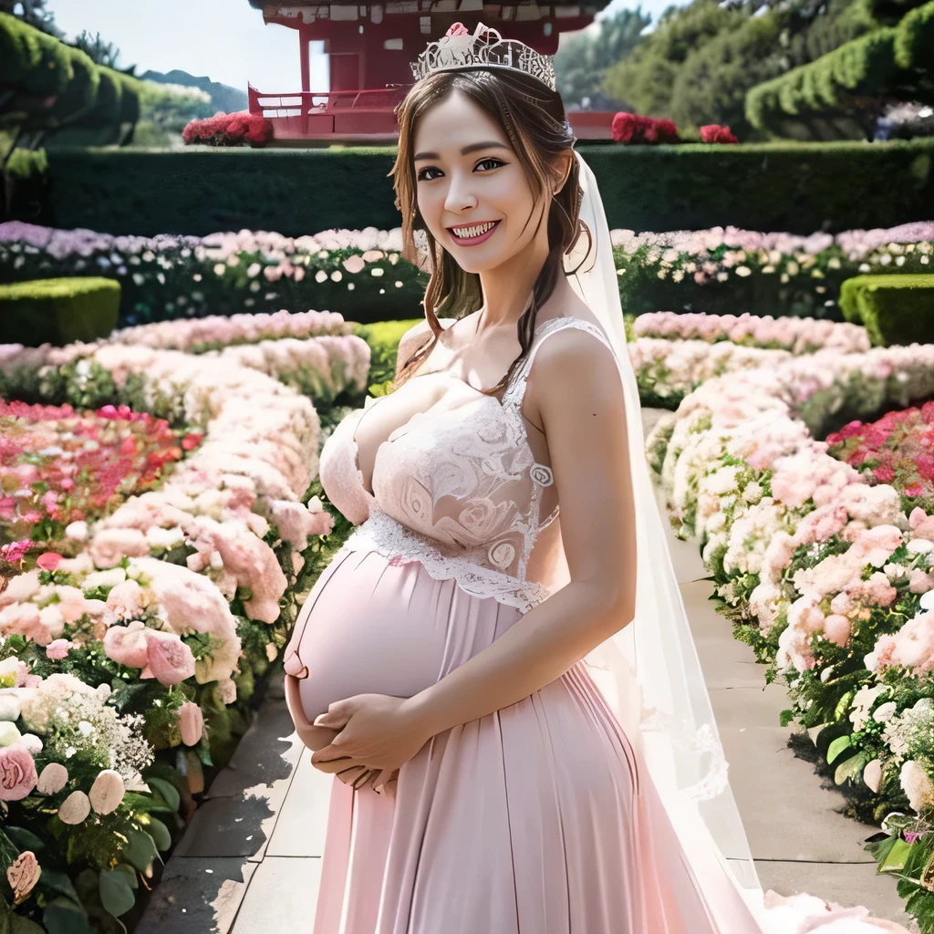 ((2 Pregnant women,2 Japan pregnant women,2guys,Japan pregnant women,Very big belly)),((Two women are a parent and a child,Mother and daughter,mother daughter,Expectant mother and expectant daughter)),((One is a cute girl who is 147cm tall and 14 years old.,The other is a beautiful mom who is 160 cm tall and 35 years old,147 cm tall daughter and 160 cm tall mother,147cm pregnant daughter and 160cm pregnant mother)),(Smile here,View here,It's the perfect camera gaze),(finerly detailed face,Lifelike face,Fine teeth,Clean teeth,White teeth,perfect teeth,A slight smil),beautiful tiara,Tiara tiara and jewelry,Sparkling tiara,8K、hightquality、The best images、beautiful image、flower gardens、(细致背景,Detailed flowers,Fine flowers,Flower Tunnel,Arch of roses,Flower Arch,A large amount of roses,surrounded by flower,a large amount of flowers,Pink and white roses,numerous roses,Pink roses,white roses,Bride surrounded by flowers)、bride、A slight smil、wedding dress、Fantastical
