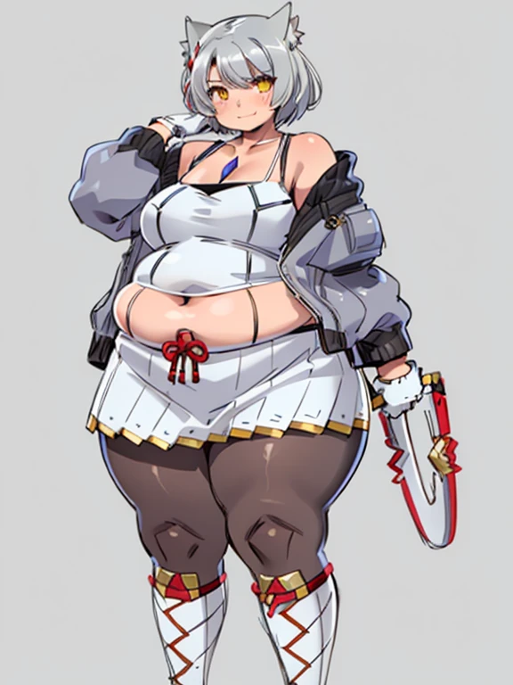 mio \(xenoblade\),
1boy, 1girl, animal ears , black pantyhose, boots, breasts, camisole, chest jewel, closed mouth, grey hair, jacket, knee boots, outdoors, pantyhose, short hair, shoulder strap, skirt, small breasts, tank top, white camisole, white footwear, white jacket, white skirt, white tank top, yellow eyes, bbw, plump, large belly, large breasts, large thighs, love handles, wide hips, weight gain