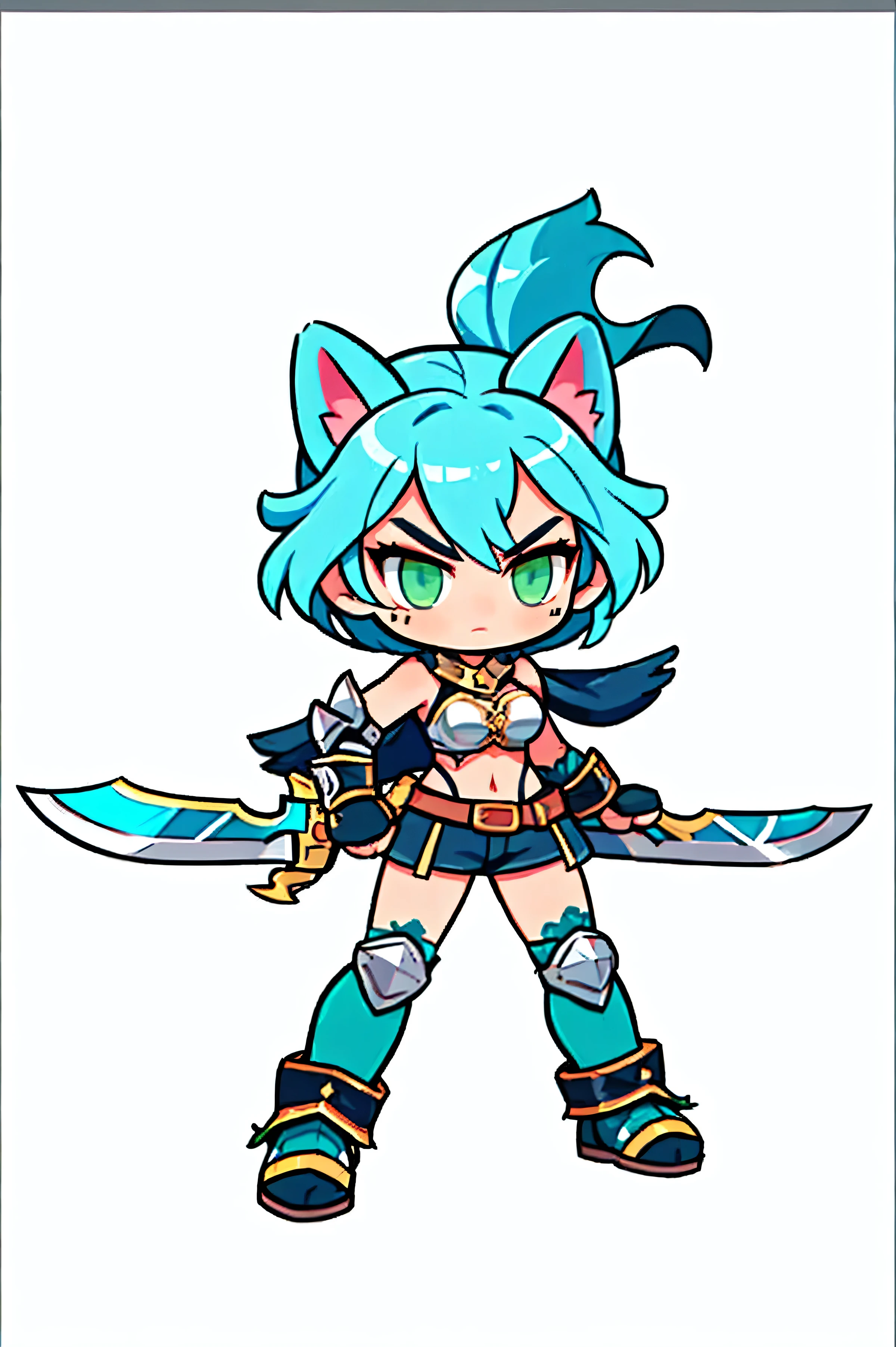 One female warrior ,   Medieval Full Body Iron Armor,   white background.  Turquoise hair,   tied hair  ,  cat ears , Green eyes , Sleek Pose  ,  Fighting poses,   Battle Sword  . Aggressive posture  