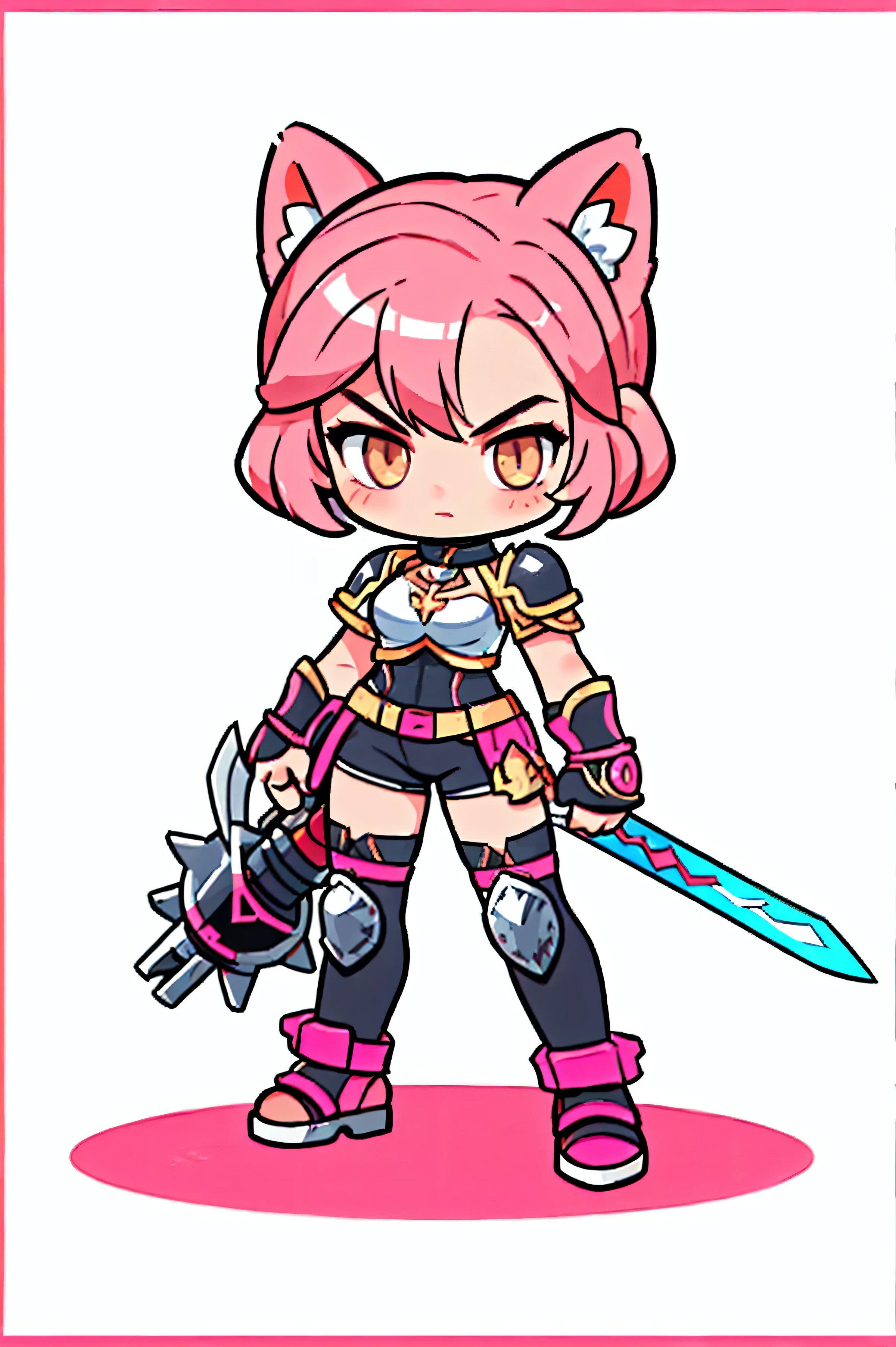 One female warrior ,   Medieval Full Body Iron Armor,   white background.  bright pink hair,   tied hair  ,  cat ears , brown eyes , Sleek Pose  ,  Fighting poses,   Battle Sword  . Aggressive posture  