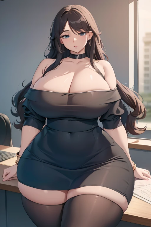 (  top quality ), (masterpiece),  , Early 20s, huge heavy chest , Firm chest, thick, thick lips,   wide hips,  thin waist,  long hair in the castle,  curly hair,  earring, officeレディ,   exposed shoulder blouse ,  high waist black skirt, Stockings,  bracelet, office