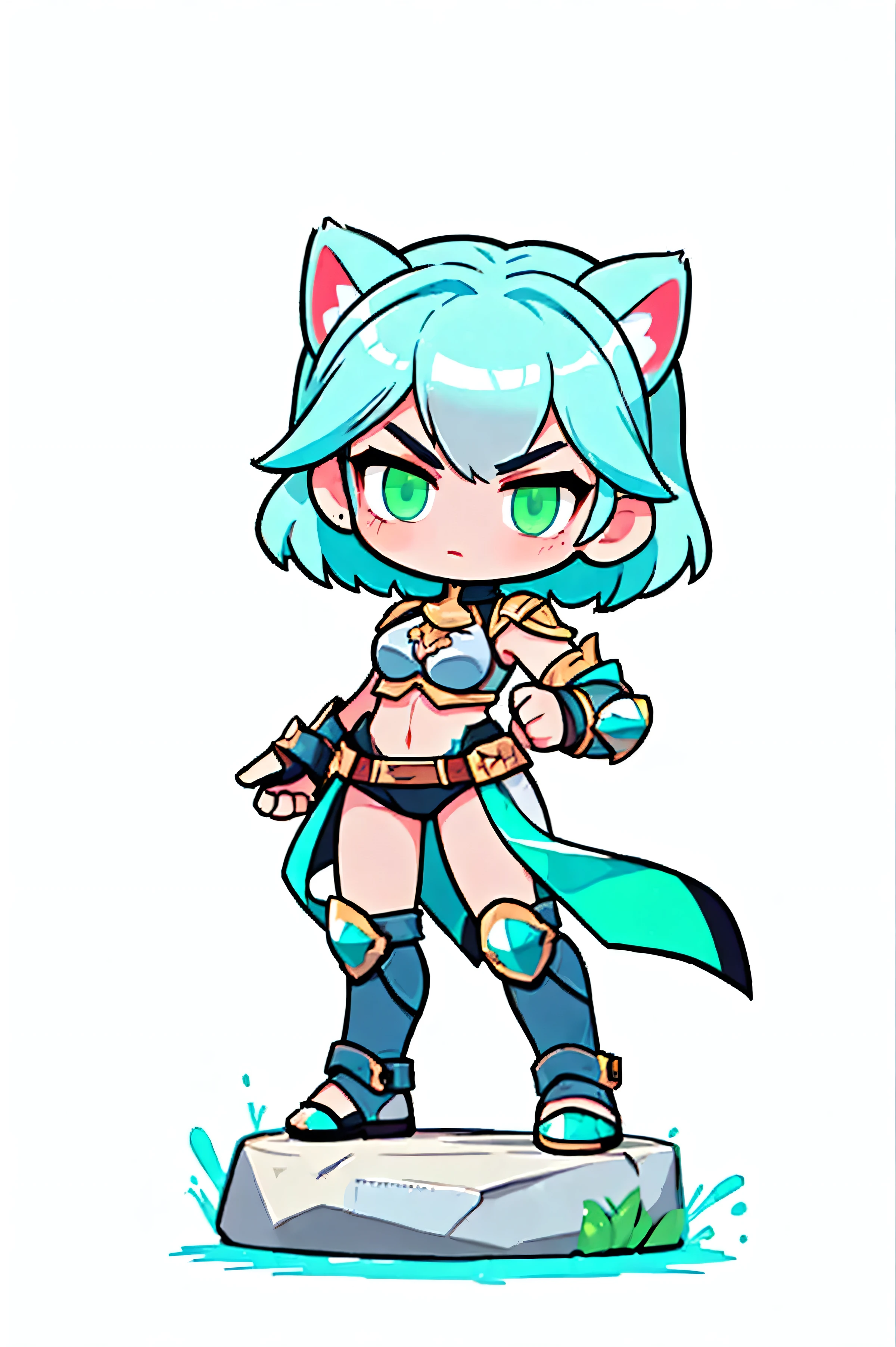 One female warrior ,   Medieval Full Body Iron Armor,   white background.   light turquoise hair,   tied hair  ,  cat ears , dark green eyes  , Sleek Pose  ,  Fighting poses,   Battle Sword  . Aggressive posture  