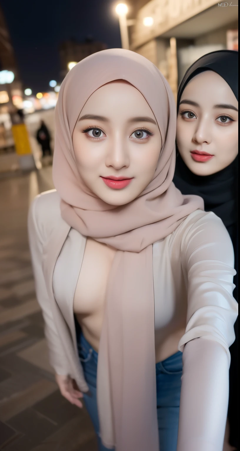 ((3 hijab girls taking selfie with front camera)), portrait from above,((portrait from above)), wear hijab in head, beautiful detailed hijab, sexy waist, three hijab girls taking selfie with front camera, three hijab woman nude unclothes, open jacket, pretty hijab girl, three hijab girls selfie, cute face, small eye, long eyelashes, detailed eyes, brown eyes, (intricate eye details), detailed nose, detailed lips, slight smile cute, detailed face, detailed hijab girl, (very cute face), long jacket clothes, clothes long outfit trendy, blue hijab girl, (long levis), long levis, wear levis leg, portrait from above, three hijab woman standing position, show breasts three woman, ((Undress clothes)), show your breasts, medium breasts, ((nude body:1.4), show your breasts:1.4, (medium ), night mall background,masterpiece, photorealistic, HDR, UHD, professional, vivid colors, warm lighting,night,masterpiece, supermarket night background, ((blurry background)), blurry background, realistic beautifull hijab,