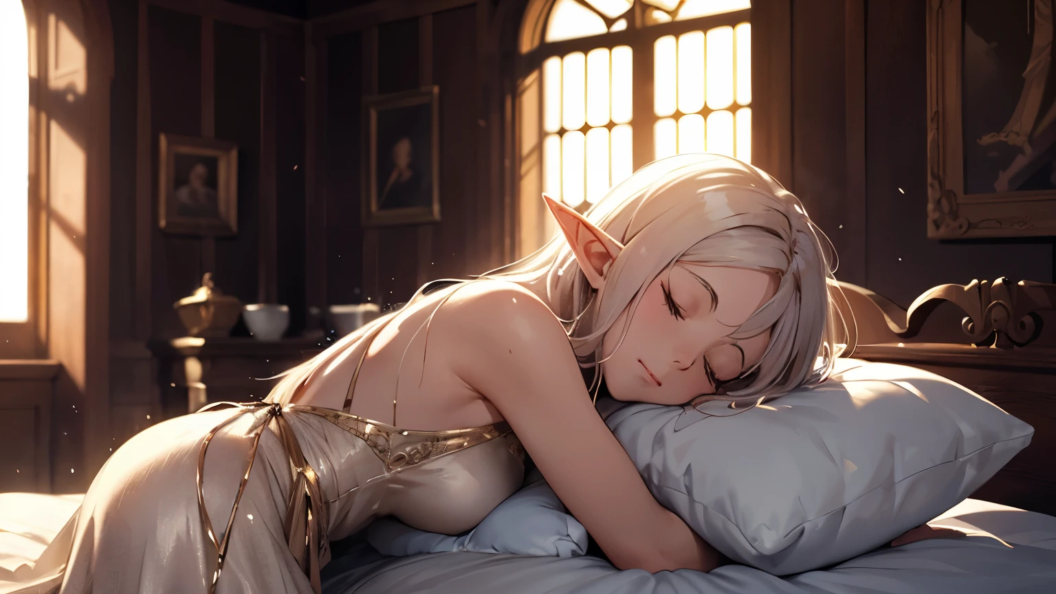 medieval inn scene room with an cute and sexy white body skin and long white hair elf girl sleeping closed eyes. She is feeling the gentle breeze as the sun shines through the medieval window.