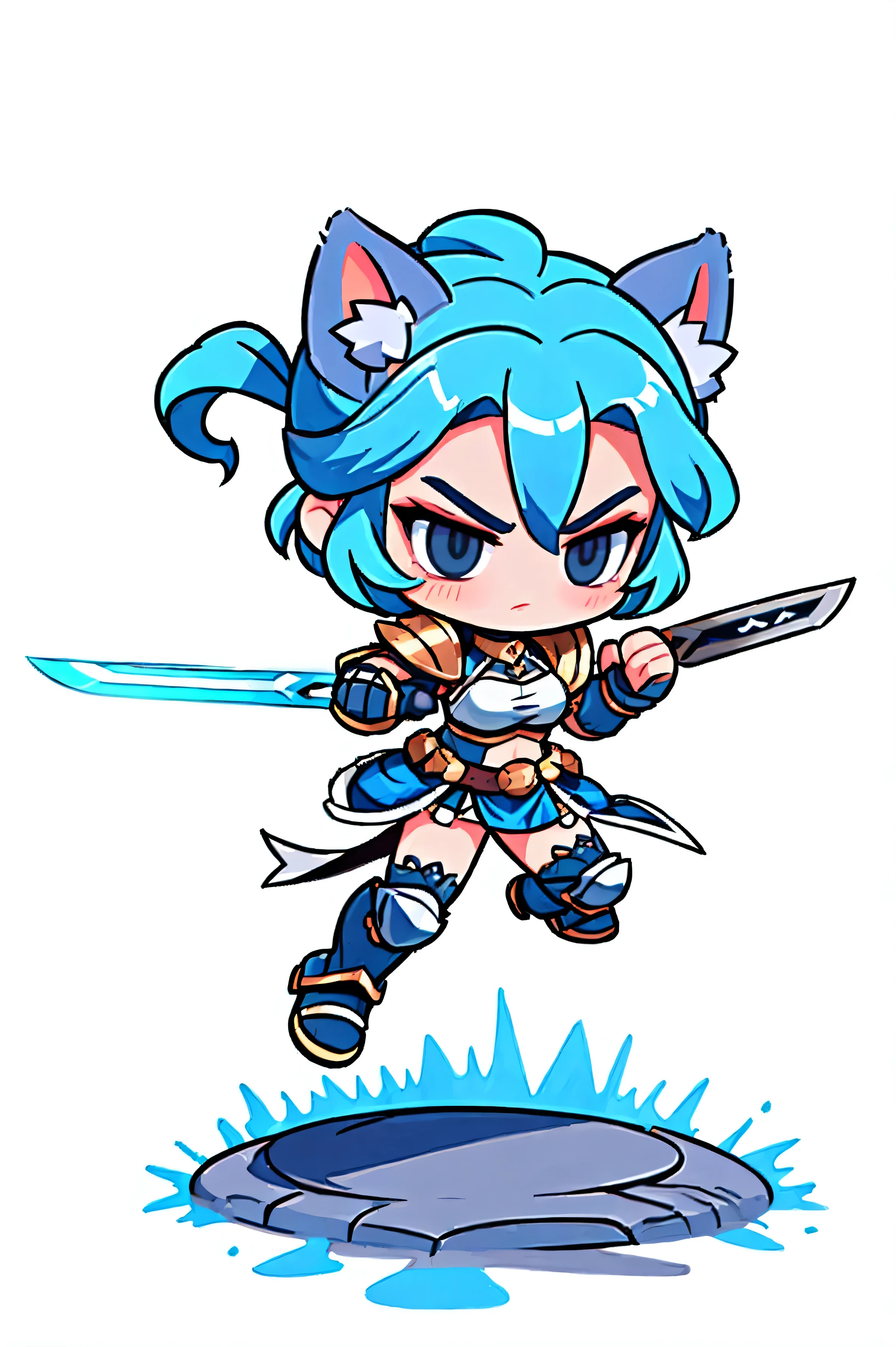 One female warrior ,    Medieval Full Body Iron Armor,   white background.  Low-saturated blue hair,   tied hair  ,  cat ears , black eyes , Sleek Pose  ,  Fighting poses,  Landing Action ,  Battle Sword  . Aggressive posture  