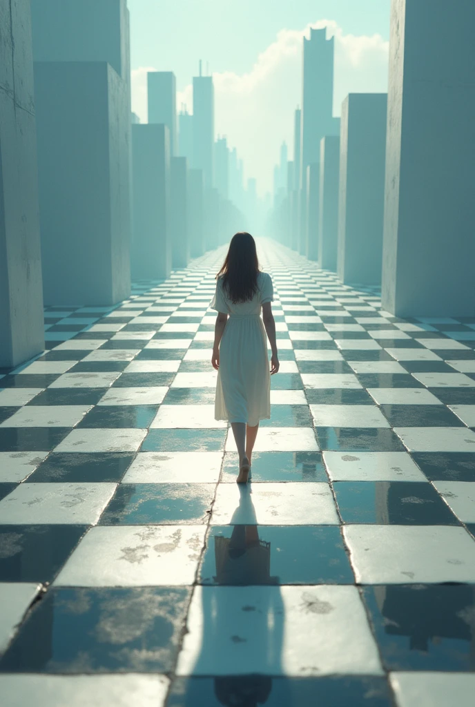 An image of Sadako wearing white clothes and VR goggles taking a shot at soccer. Add some horror elements and take a shot with VR goggles to make it look two-dimensional.