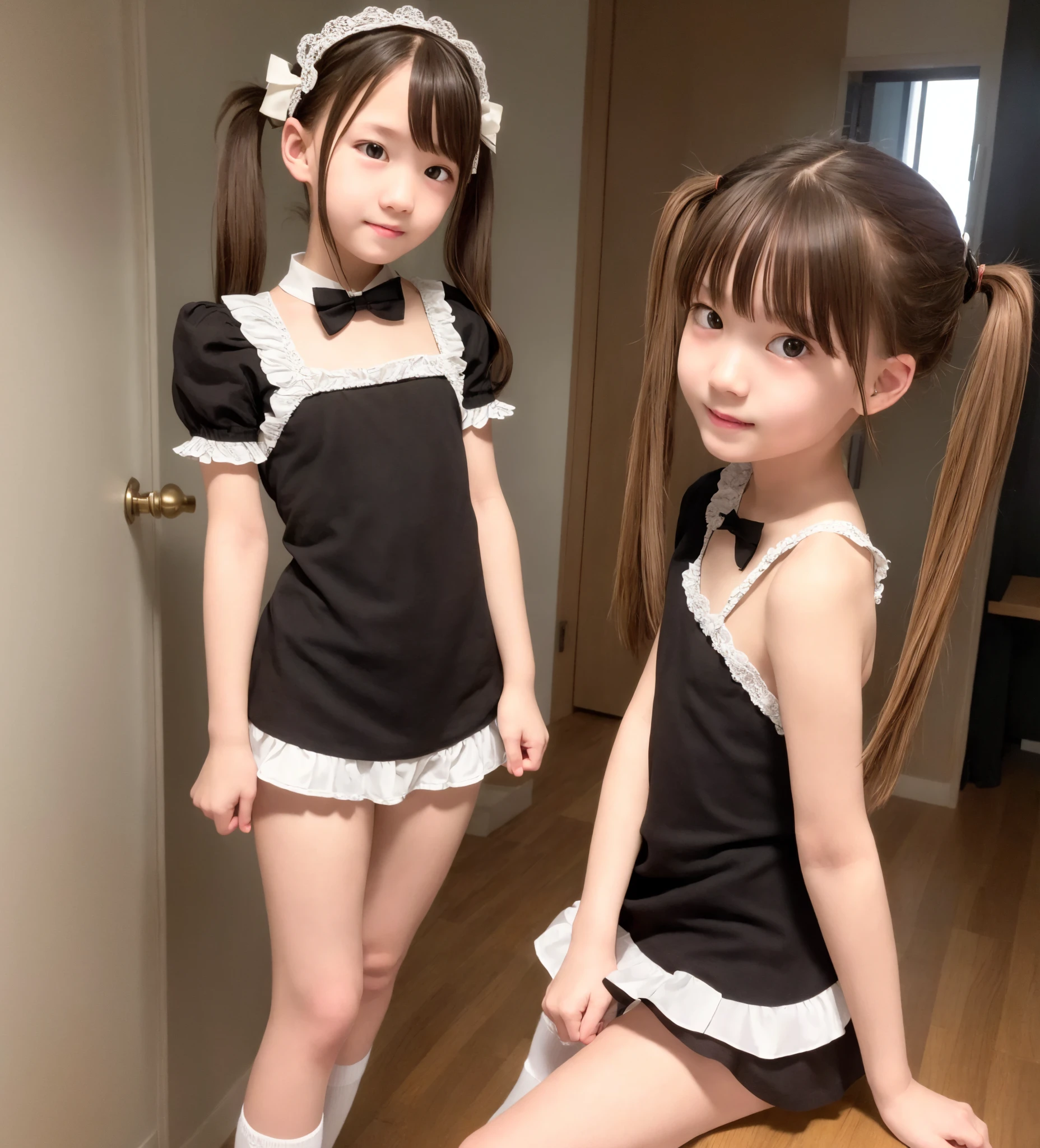 Maid,cute pretty girl,masterpiece,high definition,4k,8k,16k,twin tails,brown hair,slender body,thin leg, thin arm, thin body,small,18yo