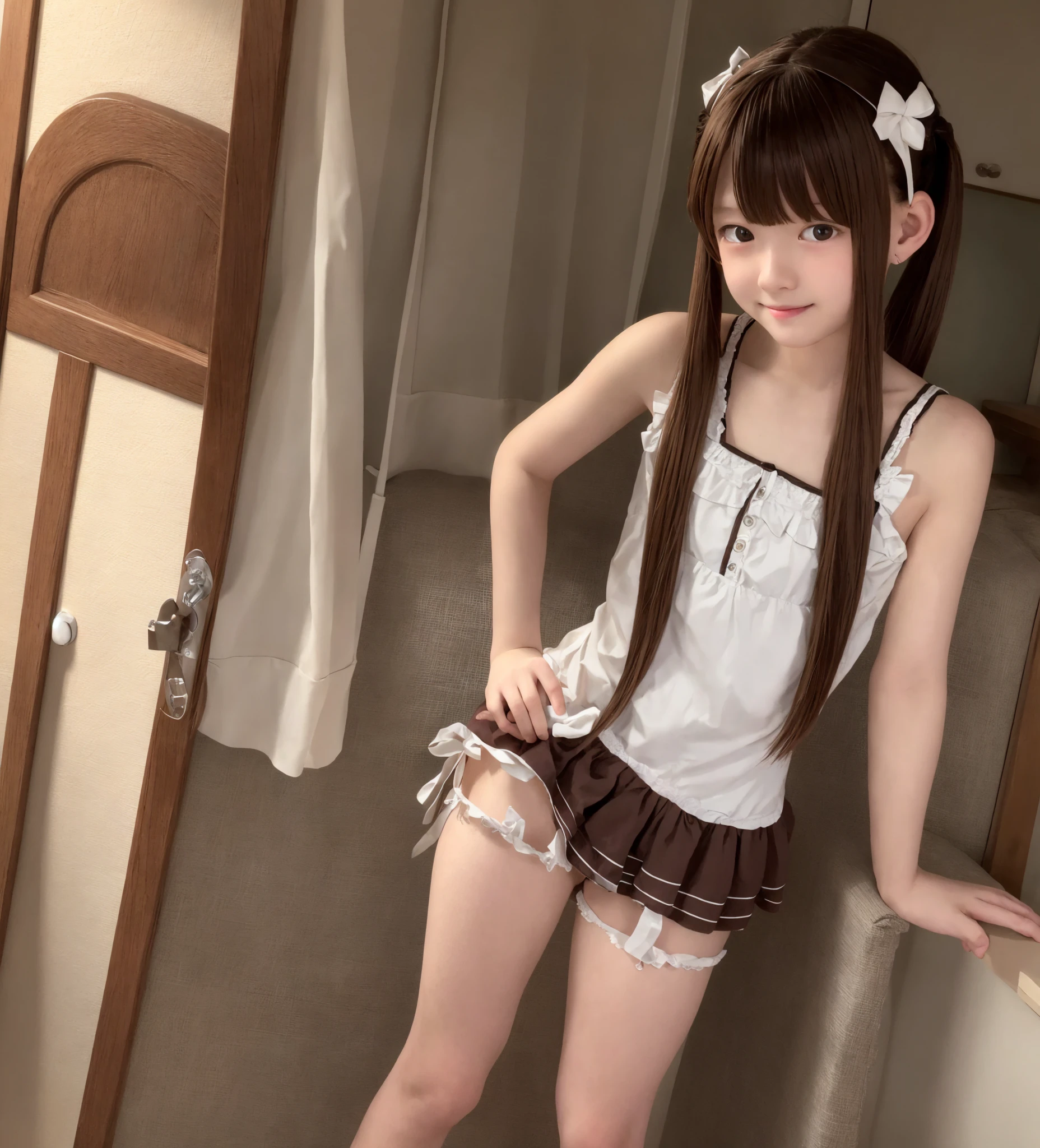 Maid,cute pretty girl,masterpiece,high definition,4k,8k,16k,twin tails,brown hair,slender body,thin leg, thin arm, thin body,small,18yo