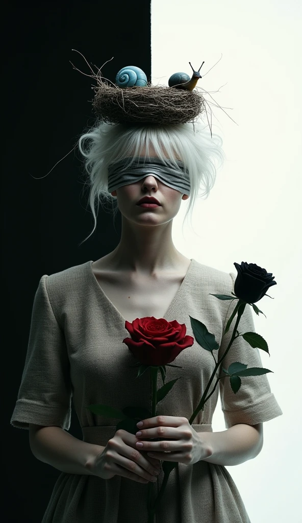 A portrait of a woman with a white bandage covering his eyes, wearing a black robe and flowers on his head in the style of Tom Bagshaw