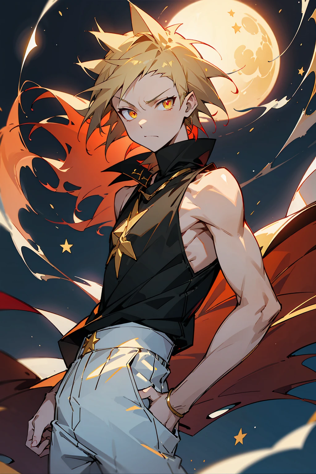 1male, Young, Spikey Hair, Crimson Hair, Gold Star Eyes, Black Sleeveless shirt, White baggy pants, Night Time, Cocky Expression, Moon