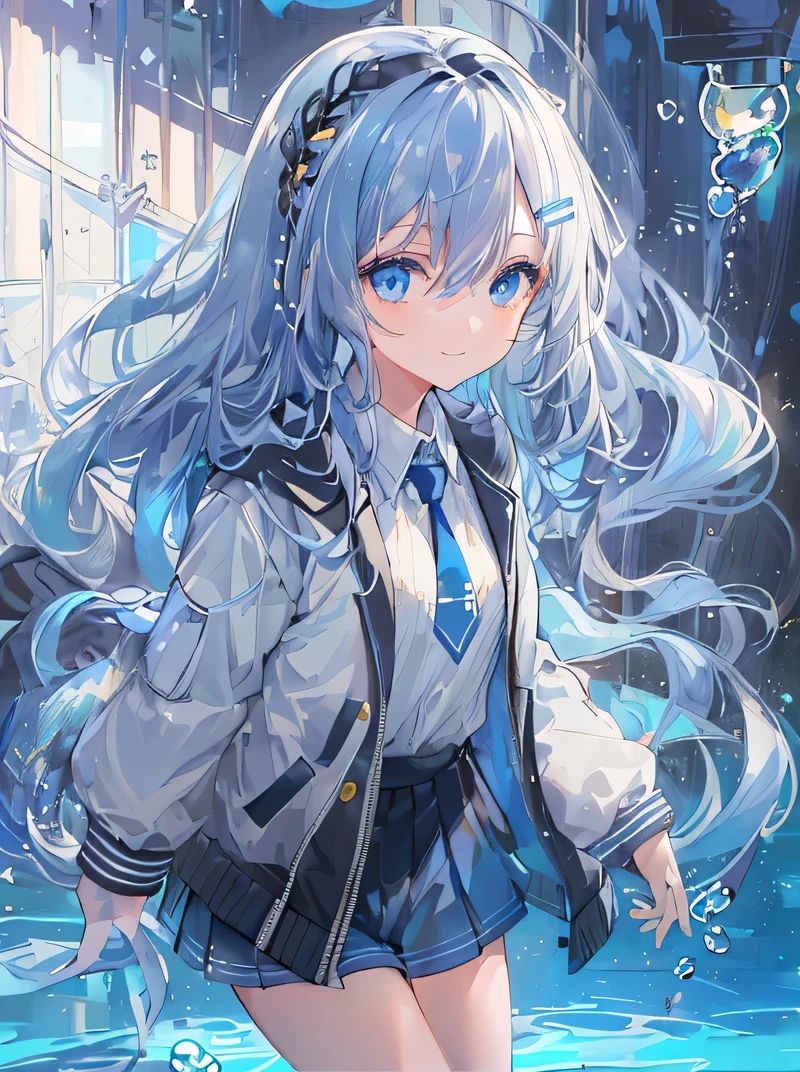 ((top-quality)), ((masterpiece)), ((ultra-detailliert)), (extremely delicate and beautiful), girl with, 独奏, cold attitude,((Black jacket)),She is very(relax)with the(Settled down)Looks,A dark-haired, depth of fields,evil smile,Bubble, under the water, Air bubble,bright light blue eyes,Inner color with black hair and light blue tips,Cold background,Bob Hair - Linear Art, a miniskirt、knee high socks、White uniform like school uniform、Light blue ribbon ties、Clothes are sheer、Hands in pockets、Ponytail hair, Bright eyes like sapphire, Fron Lesse Blue,