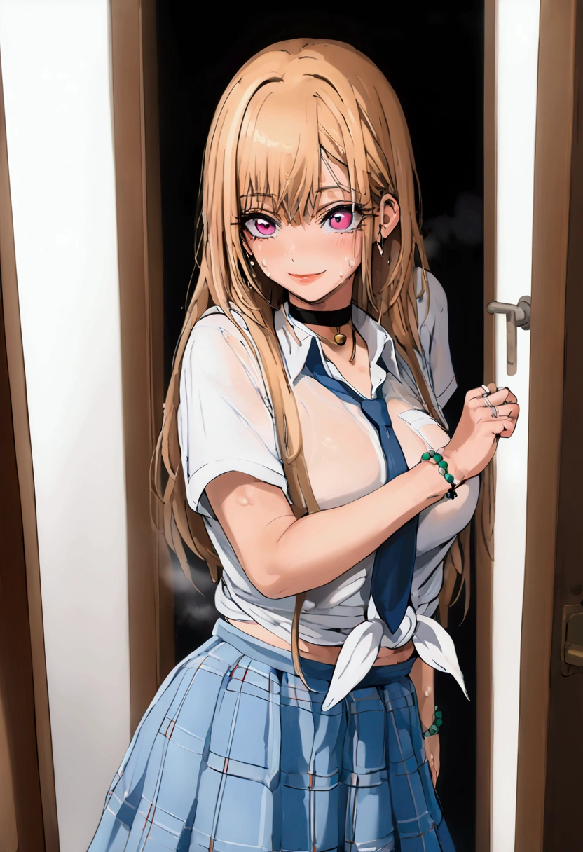 mamimi style, digital painting, Marin Kitagawa, groped by faceless male, blonde hair, dark pink eyes, MarinCasual, MarinSchool, bead bracelet, black choker, neck bell, ring, collared shirt, white shirt, short sleeves, blue necktie, plaid skirt, blue skirt, tied shirt, behind a door, doorway, devious smile, standing, (sweat), fog, stray pubic hair, faceless male behind her, size difference, peeksex, (Barely) Hidden Sex / NTR, 1 man, 1 girl, cowboy shot, closeup
