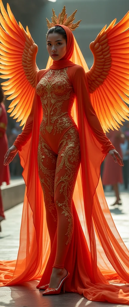 The most beautiful,thin,most pretty and clever malaysian muslimah adult girl wears beautiful Chinese phoenix lycra turtleneck unitard catsuit covered with seamless scales.She always wear beautiful Chinese phoenix lycra dancewear stretchy square hijab covered with seamless scales.She has bird costume wings.She has a phoenix tail.She has a crest.