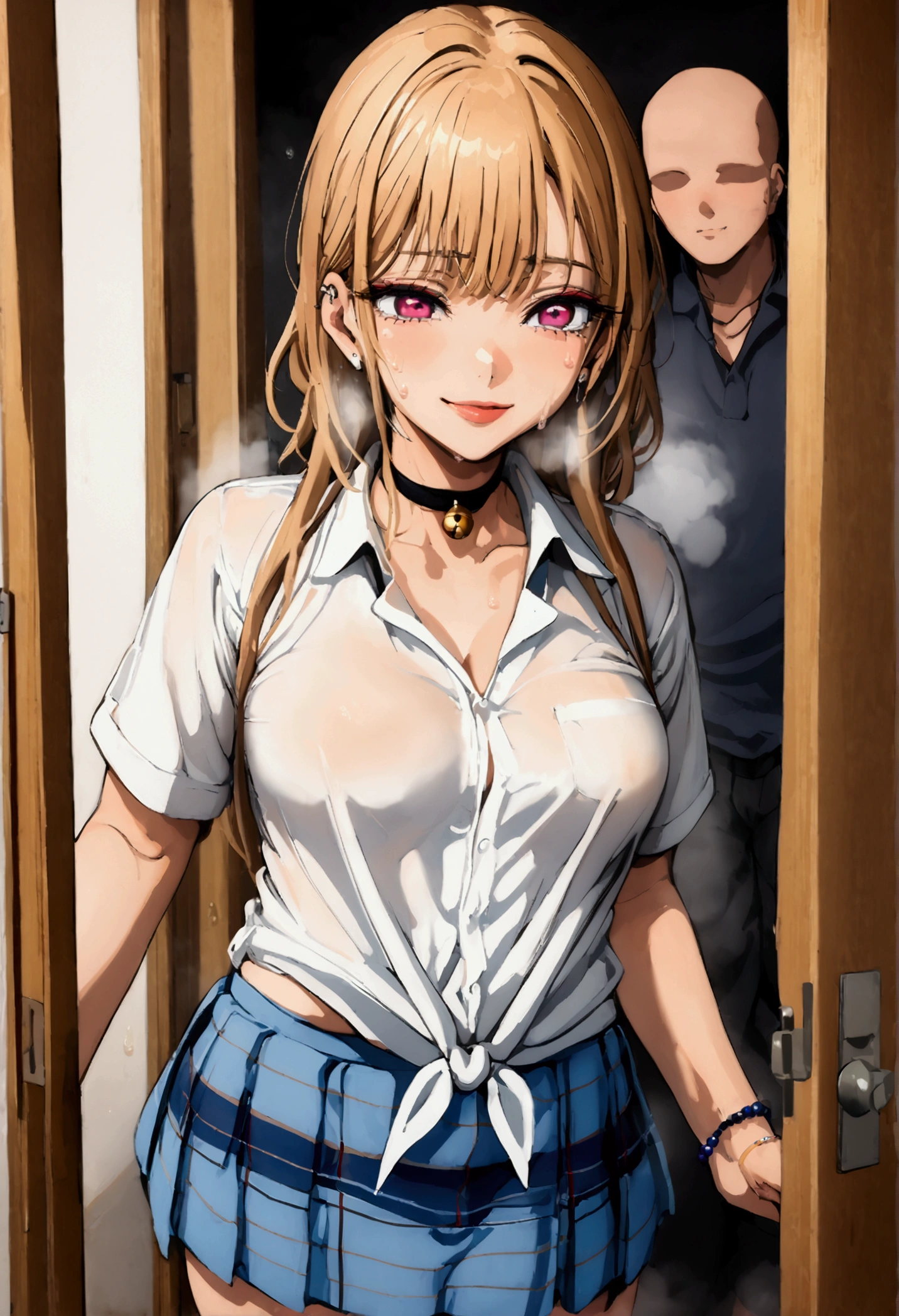 mamimi style, digital painting, Marin Kitagawa, groped by faceless male, blonde hair, dark pink eyes, MarinCasual, MarinSchool, bead bracelet, black choker, neck bell, ring, collared shirt, white shirt, short sleeves, blue necktie, plaid skirt, blue skirt, tied shirt, behind a door, doorway, devious smile, standing, (sweat), fog, stray pubic hair, faceless male behind her, size difference, peeksex, (Barely) Hidden Sex / NTR, 1 man, 1 girl, cowboy shot, closeup
