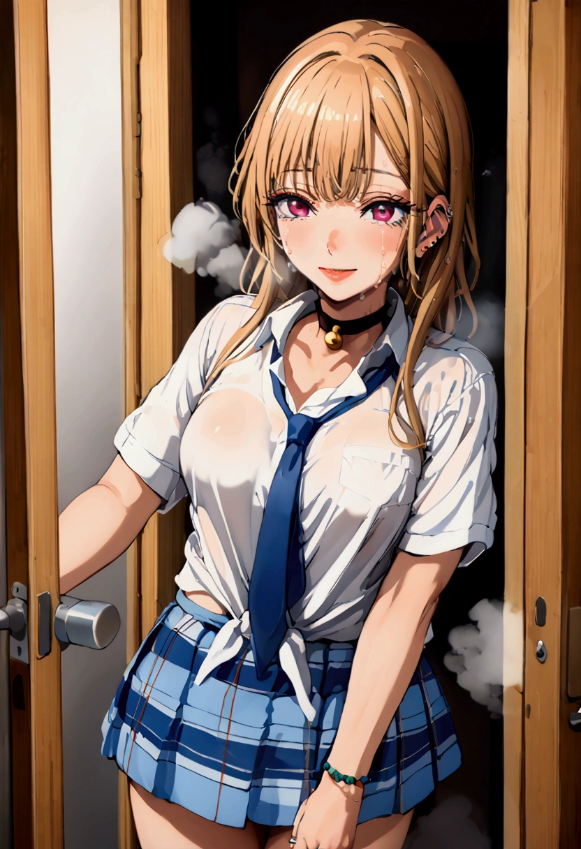 mamimi style, digital painting, Marin Kitagawa, groped by faceless male, blonde hair, dark pink eyes, MarinCasual, MarinSchool, bead bracelet, black choker, neck bell, ring, collared shirt, white shirt, short sleeves, blue necktie, plaid skirt, blue skirt, tied shirt, behind a door, doorway, devious smile, standing, (sweat), fog, stray pubic hair, faceless male behind her, size difference, peeksex, (Barely) Hidden Sex / NTR, 1 man, 1 girl, cowboy shot, closeup
