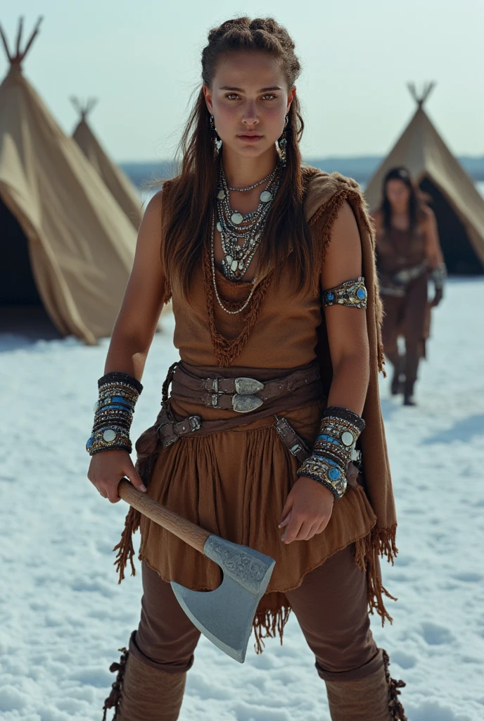  18th century, Front view, Full body, ready battle pose, hands holds battle Ax , stand on field , (1 white White girl , brown hair, cute girl, beautiful girl, girl is 20-age, 2 string hair, 1 feather decoration band , blue eye, serious), shell and color stone neckless,  Native Indian leather winter costume, leather  jacket , pant and shoes, fur cloak,  shell and color stone accessory ,  blue tattoo in body and  white tattoo face,  in field , many Indian leather tent, Winter,noon  (super detail, high details, high quality, accurate, anatomically correct, textured skin, beautiful fingers super detail, high details, high quality, best quality)