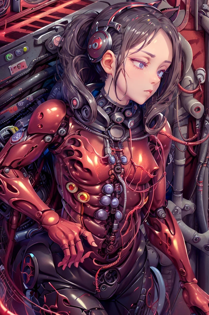 Prompt: robot_torso, robot torso, robotorso, assembling, robot joints, robot, android, mechanical parts, 1girl, solo, pale skin, indoors, factory, masterpiece, highres+, absurdres, 4K, 8K, 16K, hyper-detailed, deep eyes, stunning, intricate, sharp, smooth, realistic
(((Masterpiece))), (((Best quality))), ((Ultra-detailed)), (CG illustration), ((An extremely delicate and beautiful)),(Look up to the side), (((Red flowing liquid background)))Cinematic light with strong contrast between light and dark, solo person, female demon praying oni horns cyborg, Body parts,(Red machine-made joints:1.2),((Mechanical limb)),(blood vessel connected to tube),(The mechanical spine is attached to the back),((The mechanical cervical vertebrae are attached to the neck)),(are standing),A sad expression with red tears,(Wires and cables around the neck:1.2),(wires and cables on head:1.2)(Character focus),sci-fy,Extremely fine,scarlet,Thinnest