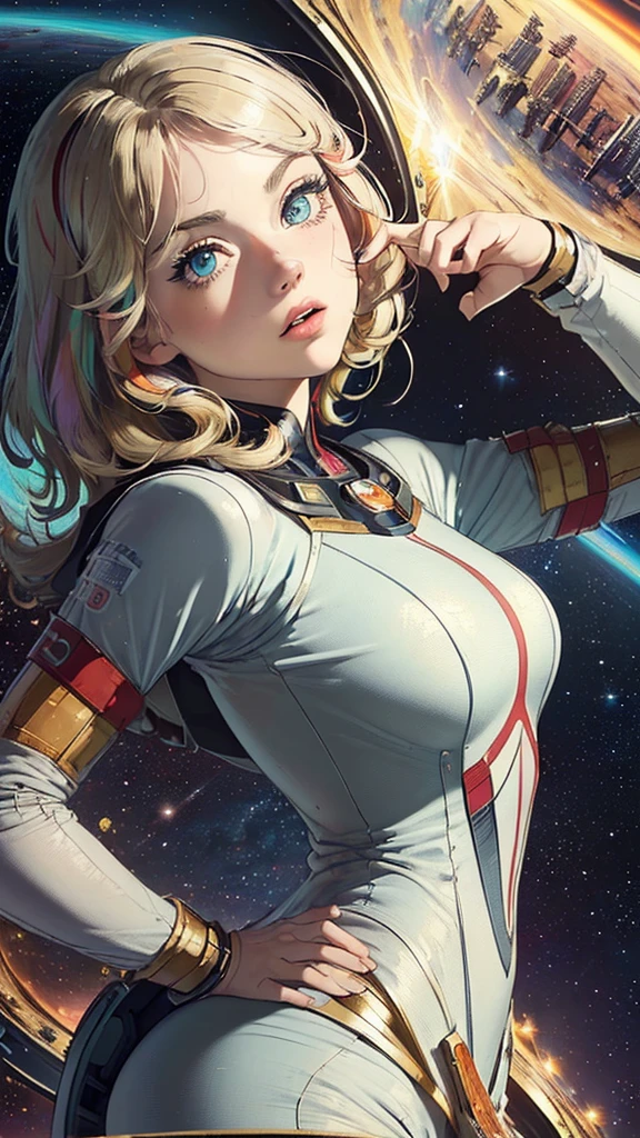 a girl, thunder yellow jacket, tight suit,Space helm of the 1960s,and the anime series G Force of the 1980s,Darf Punk wlop glossy skin, ultrarealistic sweet girl, space helm 60s, holographic, holographic texture, the style of wlop, space,