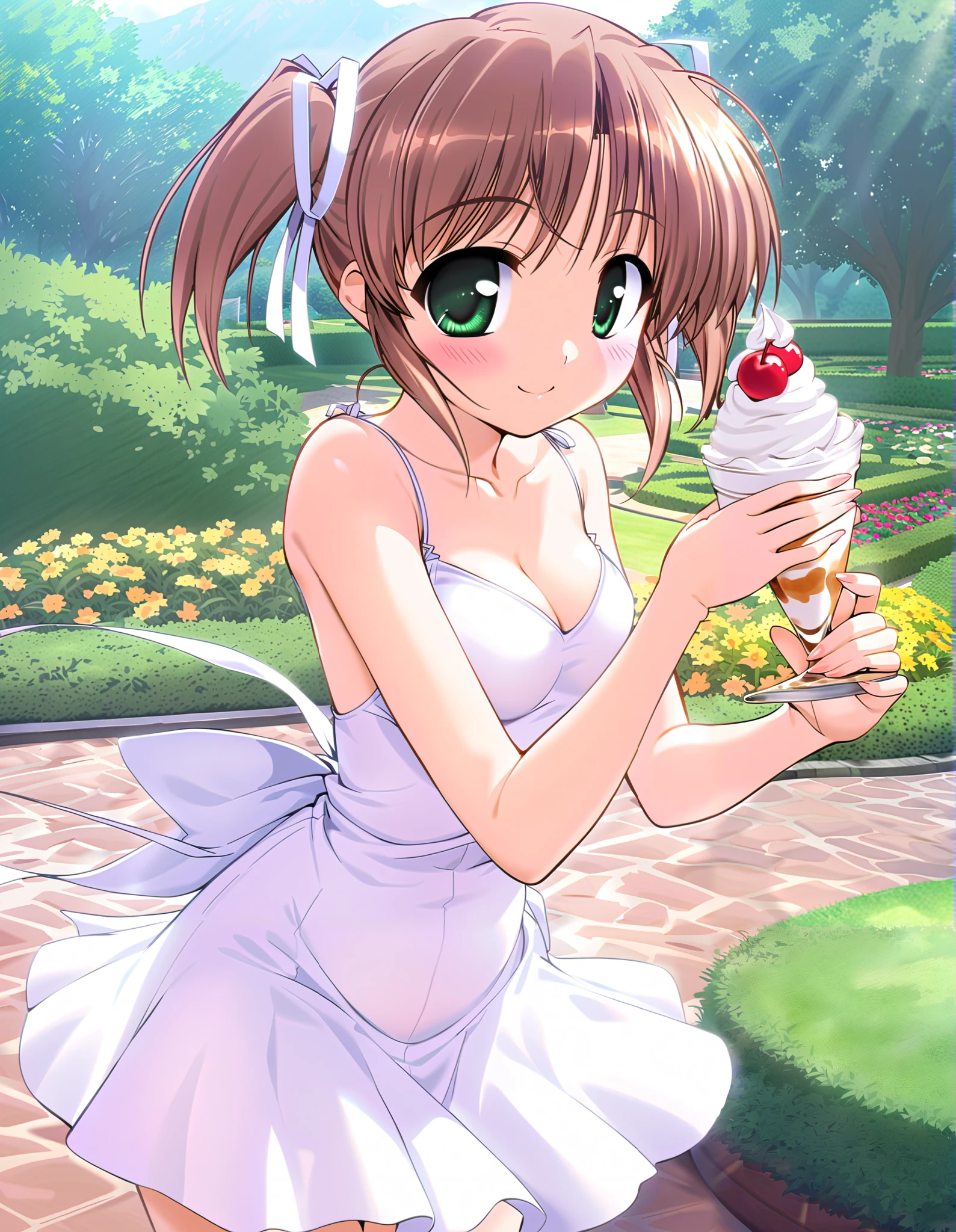 yoakena music, (cowboy shot),  brown hair,  Shorthair, Hair ribbon, twintails, Green Eyes, ( smaller breasts), (Small Ass), ( White Dress:1.3), ( cleavage:1.1), (Red cheeks:1.2), (Happy smile:1.2), （ soft serve, I'm eating moon viewing software), (garden),  score_9,  score_8_superior,  score_7_superior,  source_anime, (best quality1.2), 細部までこだわったanime,  high quality, full color, 8k, natural body shape,  high definition 