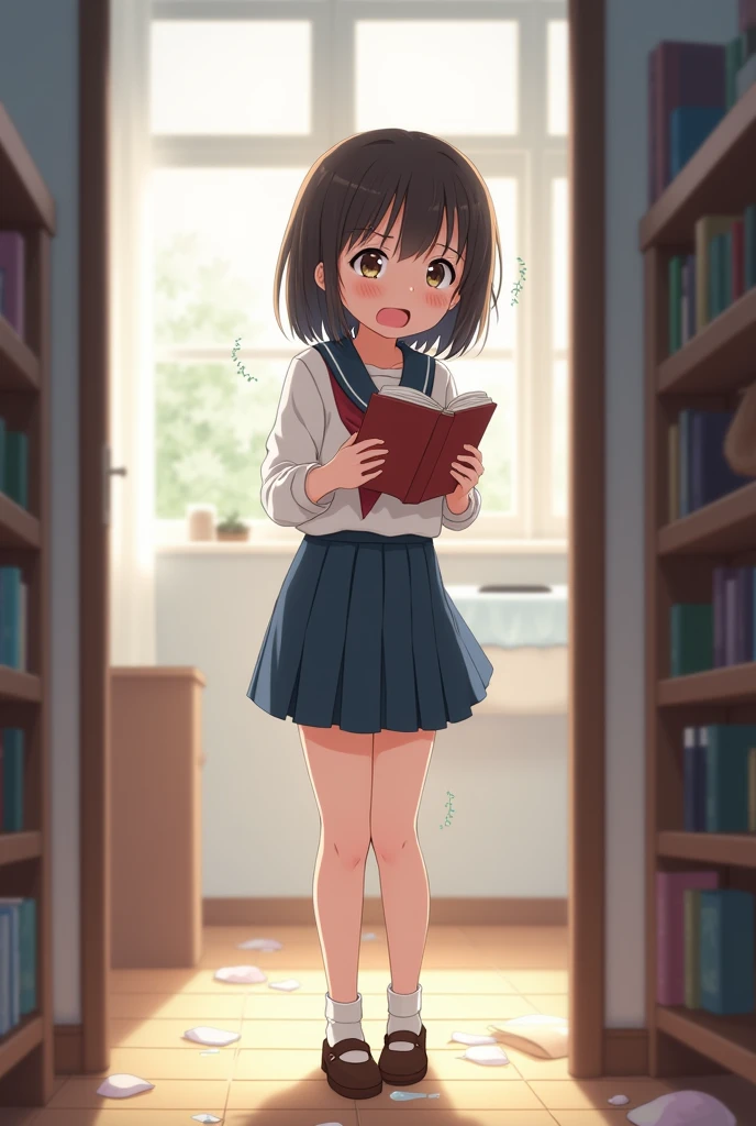 Ultra realistic 5 years old, girl, defined, detailed, HD, piel morena, ojos definidos, ojos cafes intensos, small hoops, long eyelashes, small mouth, sonrisa, :D, pelo liso, pelo oscuro, cuerpo reducido, bosom barely contained, pechos medianos, sexy, posando foto, estudio, mini skirt rosa, sin sostenes, excitada, pezones erectos, libros, sentada, leyendo, nice view, pink, blusa blanca, botones abiertos