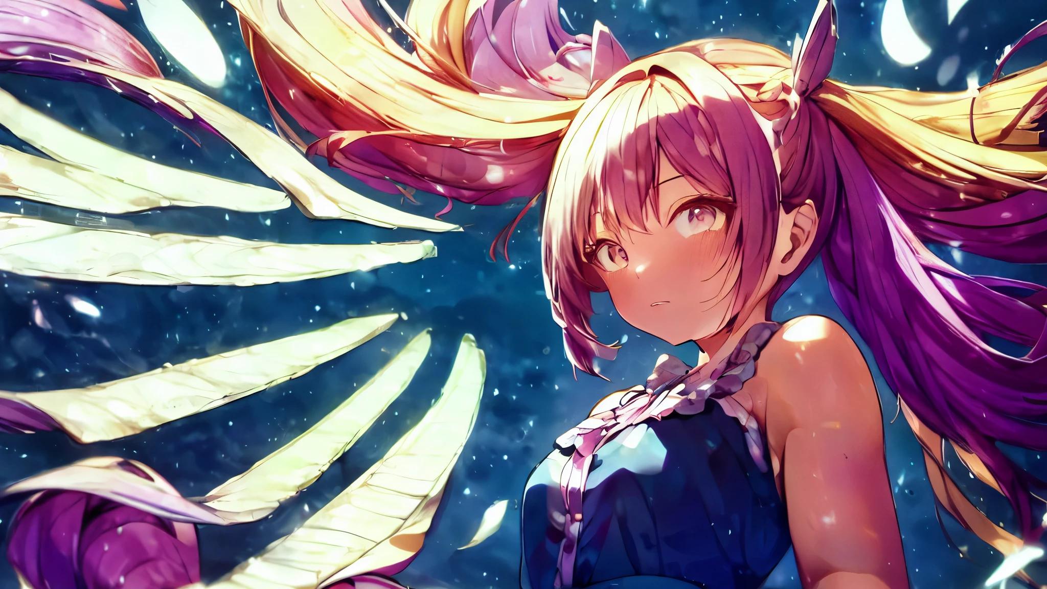 The Photo of lying on her back in a relaxed , slightly playful pose. Her body is tilted slightly to one side, with her knees bent and legs angled toward the viewer, emphasizing a casual and youthful vibe. One hand loosely brushes against her hair, while the other is partially clenched, resting near her head on the floor. Her head is tilted back slightly, creating a subtle upside-down perspective that draws attention to her striking, wide-open purple eyes, which gaze off with a mix of curiosity and contemplation. She holds a single Pocky stick delicately between her lips, adding a playful touch to her expression.
The floor beneath her is scattered with multiple colorful anime posters, which enhance the vibrant and chaotic atmosphere, contrasting with the character’s composed yet casual demeanor. Her slightly messy hair fans out around her head, and her high school uniform —a blazer with red accents , a neatly tied red ribbon , and a pleated skirt — completes the scene, underscoring her youthful and dynamic personality 35mm film chiaroscuro bokeh desaturated dramatic intricate minimal handmade blue , high contrast film still macro photo dynamic highly detailed realistic, Splashing