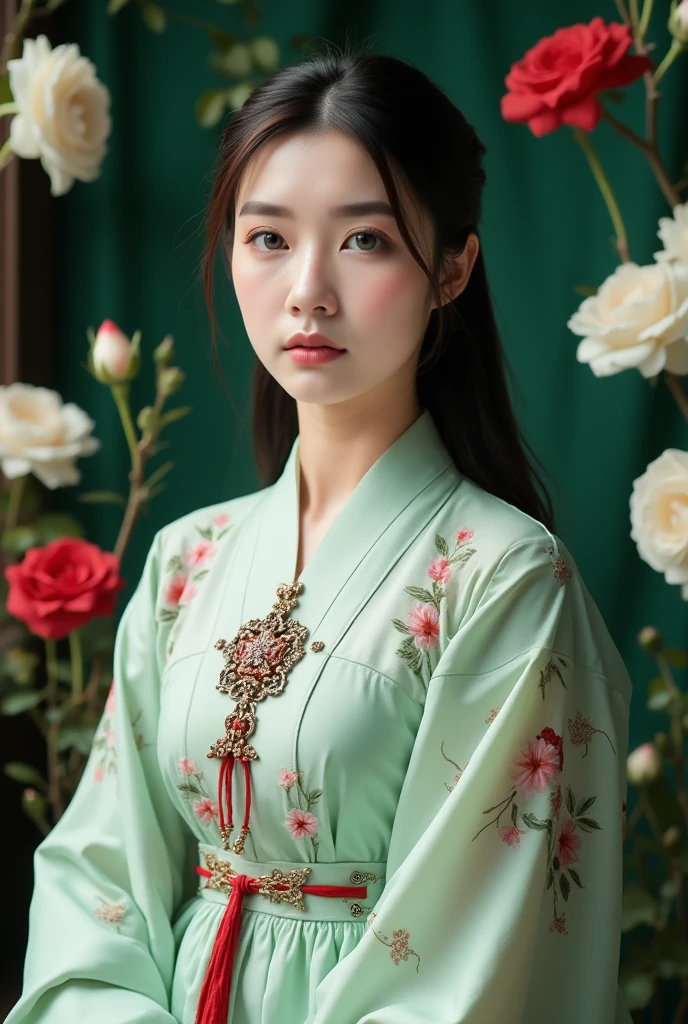 Create a vertical portrait of an exquisite and captivating East Asian model wearing a traditional Korean Hanbok, set against a luxurious and elegant floral backdrop. She has mesmerizing green eyes, fair skin, and long black hair styled in a graceful chignon, with a few delicate strands framing her face. Her expression is serene and composed, highlighting her classic beauty and elegance. The Hanbok is meticulously detailed, featuring a soft mint-green jeogori (jacket) with flowing lines, adorned with intricate floral embroidery depicting pink, red, and white blossoms. The wide sleeves are decorated with delicate patterns and subtle gold accents, while her chima (skirt) flows elegantly to the ground, with embroidered flowers cascading toward the hem. Tied at her waist is a richly detailed norigae (traditional Korean pendant) in deep red, with elaborate knotwork and metallic charms that add cultural authenticity and grace. The backdrop evokes a traditional Korean garden, with a profusion of white and red roses artistically arranged to create a harmonious and vibrant contrast against a deep emerald-green fabric background. The setting exudes a refined, almost painterly quality, reminiscent of the romantic realism of classic portraits by John Singer Sargent, combined with the modern and ethereal elegance captured by photographers like Annie Leibovitz in her cultural portraits. Soft, natural light illuminates her face and attire, enhancing the richness of the Hanbok’s fabric and the vibrancy of the surrounding flowers. The composition celebrates both the model’s beauty and the cultural richness of the traditional Korean attire, blending elegance, history, and timeless grace.
