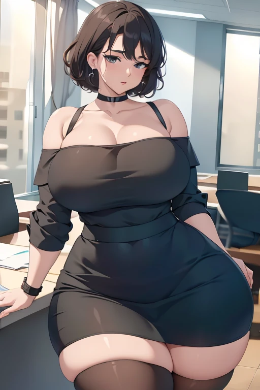 (  top quality ), (masterpiece),  , Early 20s, huge heavy chest , Firm chest, thick, thick lips,   wide hips,  thin waist, Short hair,  curly hair,  earring, officeレディ,   exposed shoulder blouse ,  high waist black skirt, Stockings,  bracelet, office