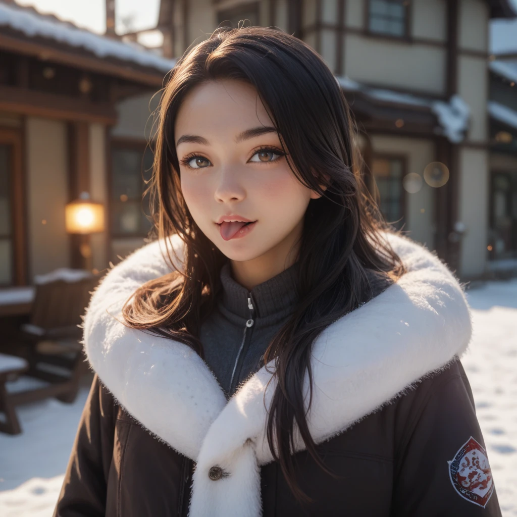1 girl, solo, Long Hair, high definition , gaze, black hair, , Lens Flare, accurate, anatomically correct, best quality, を出す、 Japanese Women 、live-action、Character、Casual wear、Winter clothes