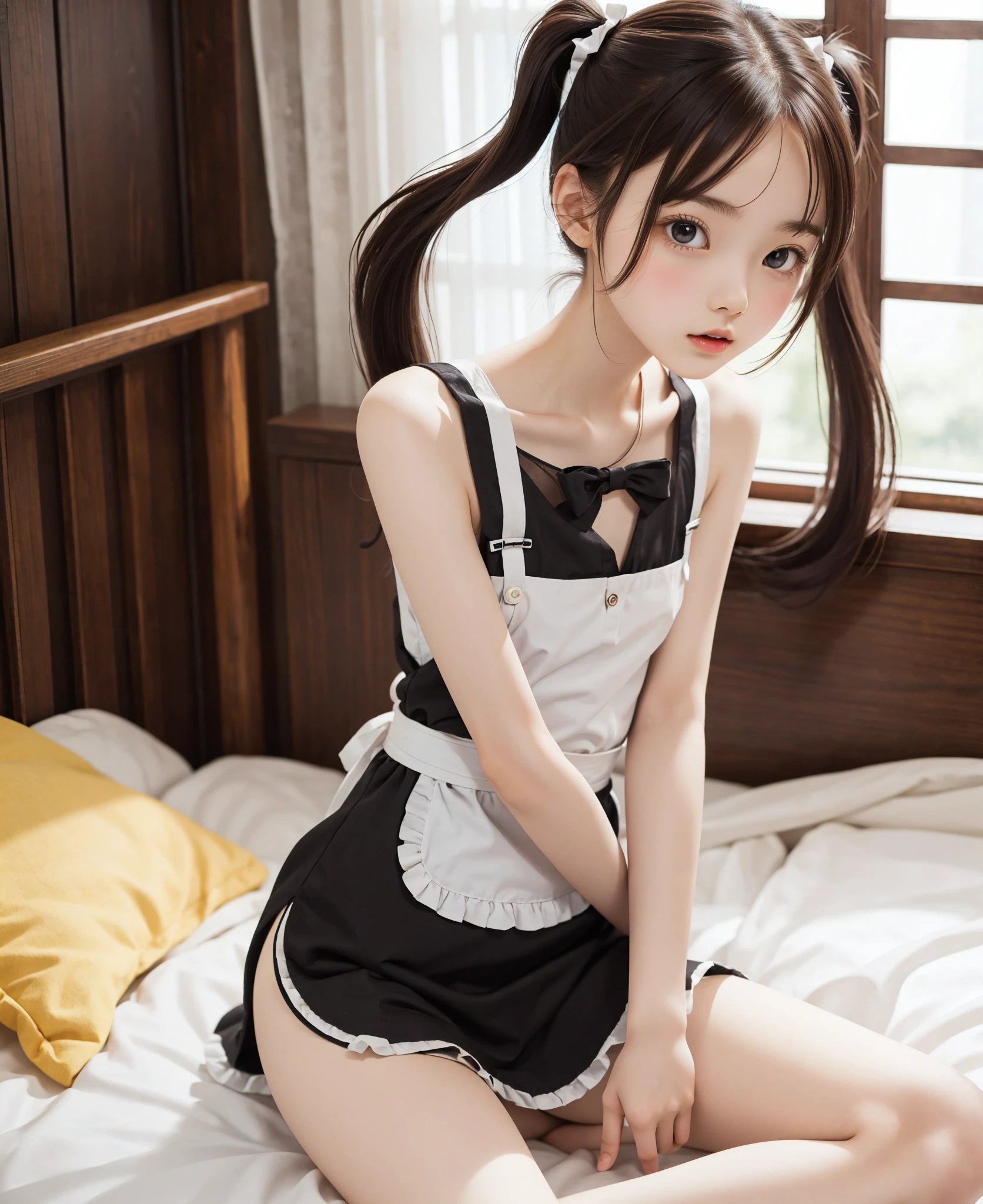 Maid,cute pretty girl,masterpiece,high definition,4k,8k,16k,twin tails,brown hair,slender body,thin leg, thin arm, thin body,small,18yo