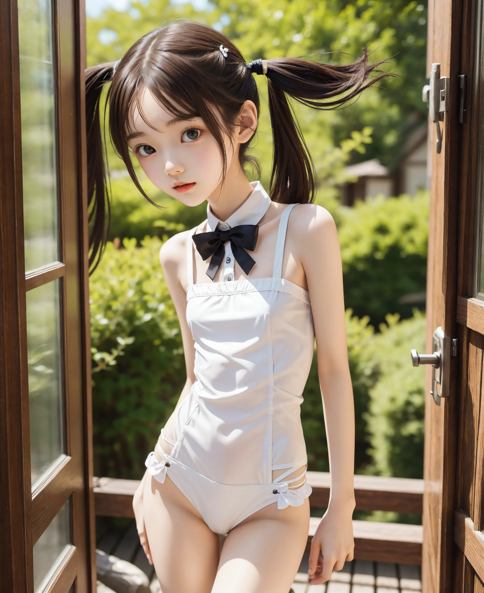 Maid,cute pretty girl,masterpiece,high definition,4k,8k,16k,twin tails,brown hair,slender body,thin leg, thin arm, thin body,small,18yo