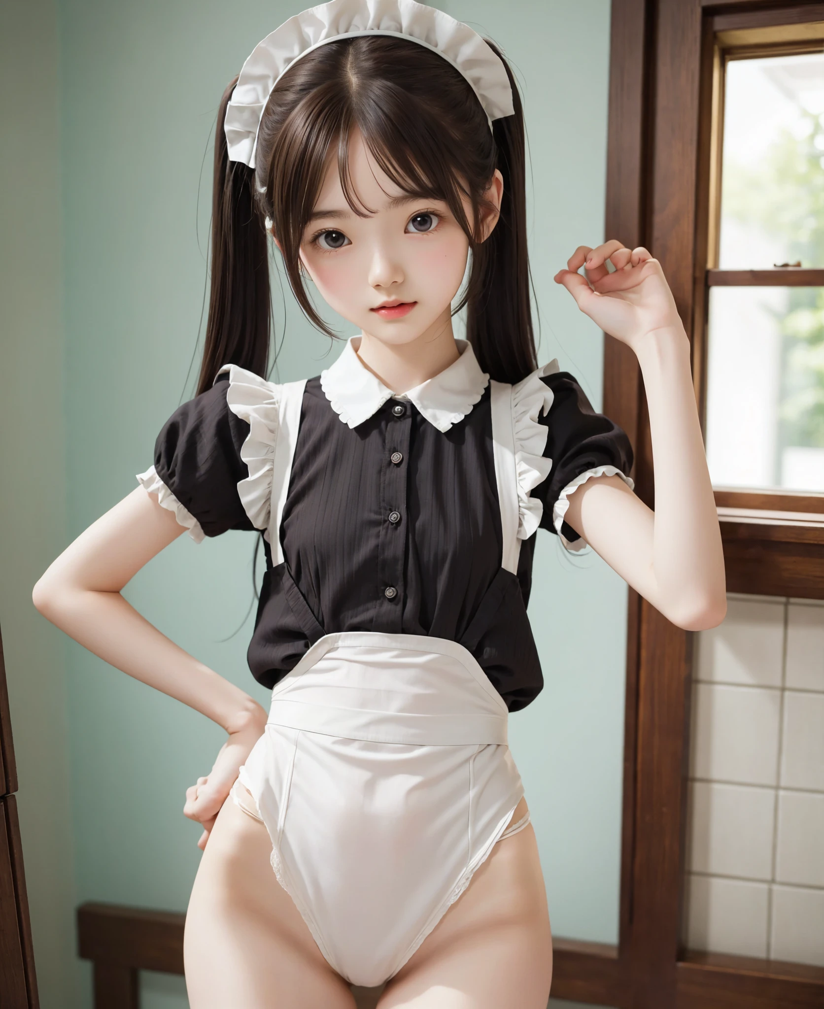 Maid,cute pretty girl,masterpiece,high definition,4k,8k,16k,twin tails,brown hair,slender body,thin leg, thin arm, thin body,small,18yo