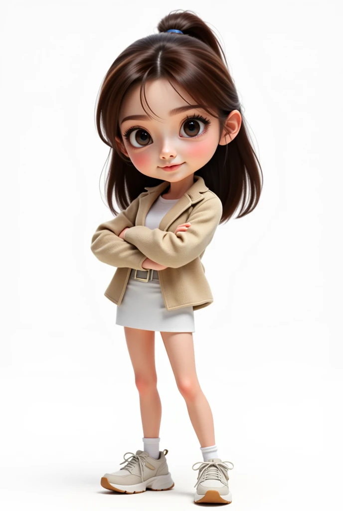 a cute cartoon character in professional outfit, standing full body shot, highly detailed, 4K, 8k, photorealistic, masterpiece, vibrant colors, dynamic lighting, soft ambient lighting, clean professional look, stylized, dynamic pose, confident expression, detailed facial features, big expressive eyes, detailed hair, sharp focus, seamless blending, studio quality background full white skirt sneakers chunky