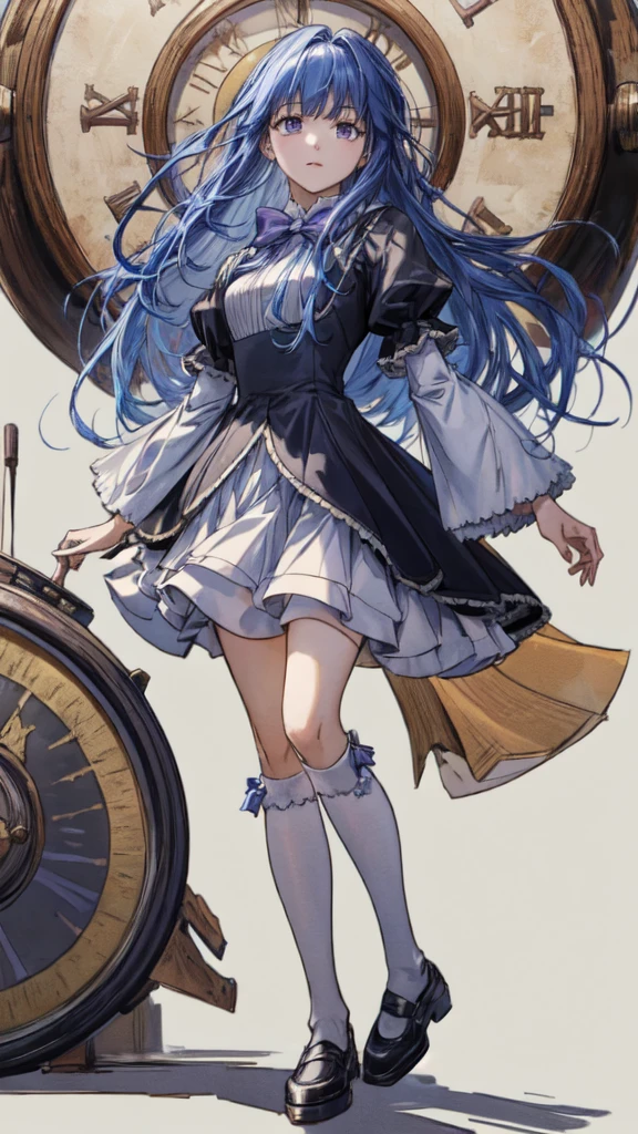 asterpiece, absurdres, best quality, ferry_ssr, dress, gold, black gloves, brown thighhighs, blue skirt, frills, sleeveless dress, jewelry,