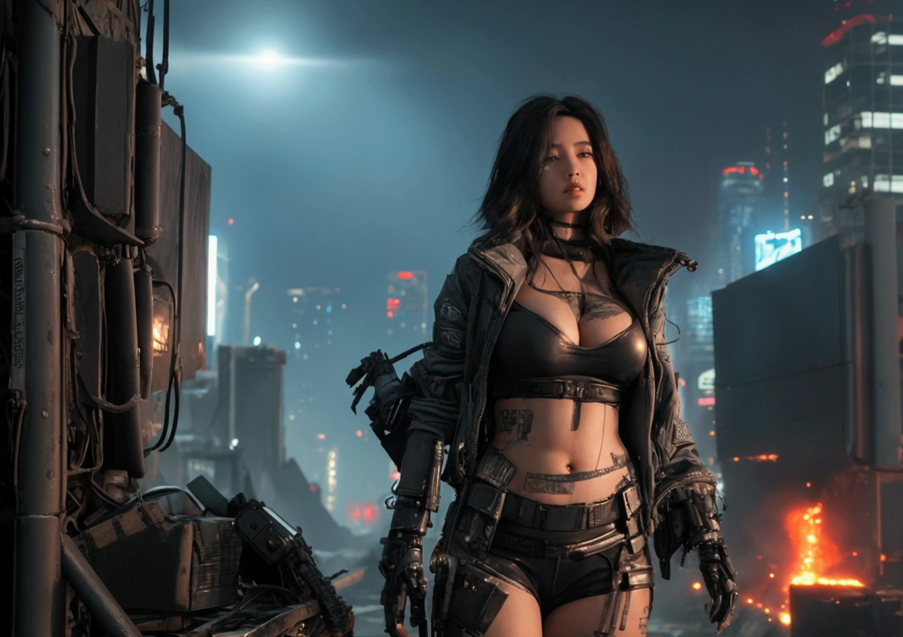 Sexy cyberpunk girl with a dystopian futuristic cyberpunk city being destroyed by a nuclear bomb
