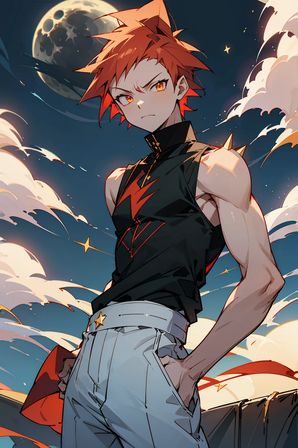 1male, Young, Spikey Hair, Crimson Hair, Gold Star Eyes, Black Sleeveless shirt, White baggy pants, Night Time, Cocky Expression, Moon