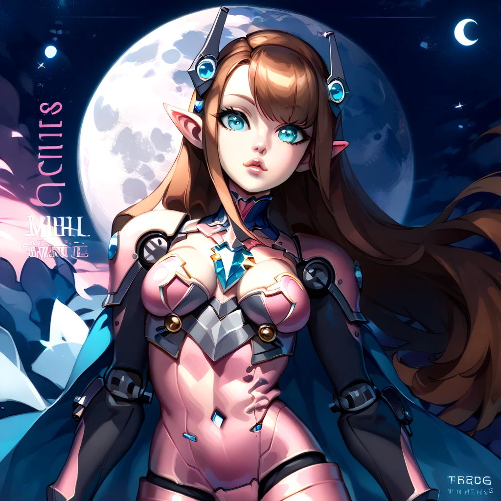 score_9, score_8_up, score_7_up, ((Masterpiece)), ((highres)), (1girl), a detailed cyborg girl, long brown hair, cybernetic waist cape, beautiful anime eyes, pink cyborg armor, cyberntic horns, ((cybirg joints)), defined elf ears, defined eyes, blue iris, long eye lashes, defined nose, curvy, wide hips, breasts, slim waist, hands to the sides oif her, ((pastel moon background))), bust shot