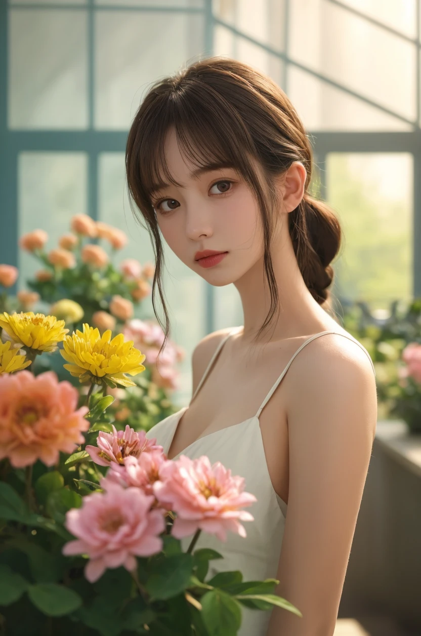 ((A 20-year-old beautiful woman sits comfortably at a table with her elbows bent forward........))8K、An ultra-high picture quality、Ultra-realistic details、3d rendered、Raw photography、slender and large、white see-through dress with plunging neckline、Beautiful flowers on the background々garden with flowers.、Blur the background、Dazzling sunlight、Professional photographer photography、