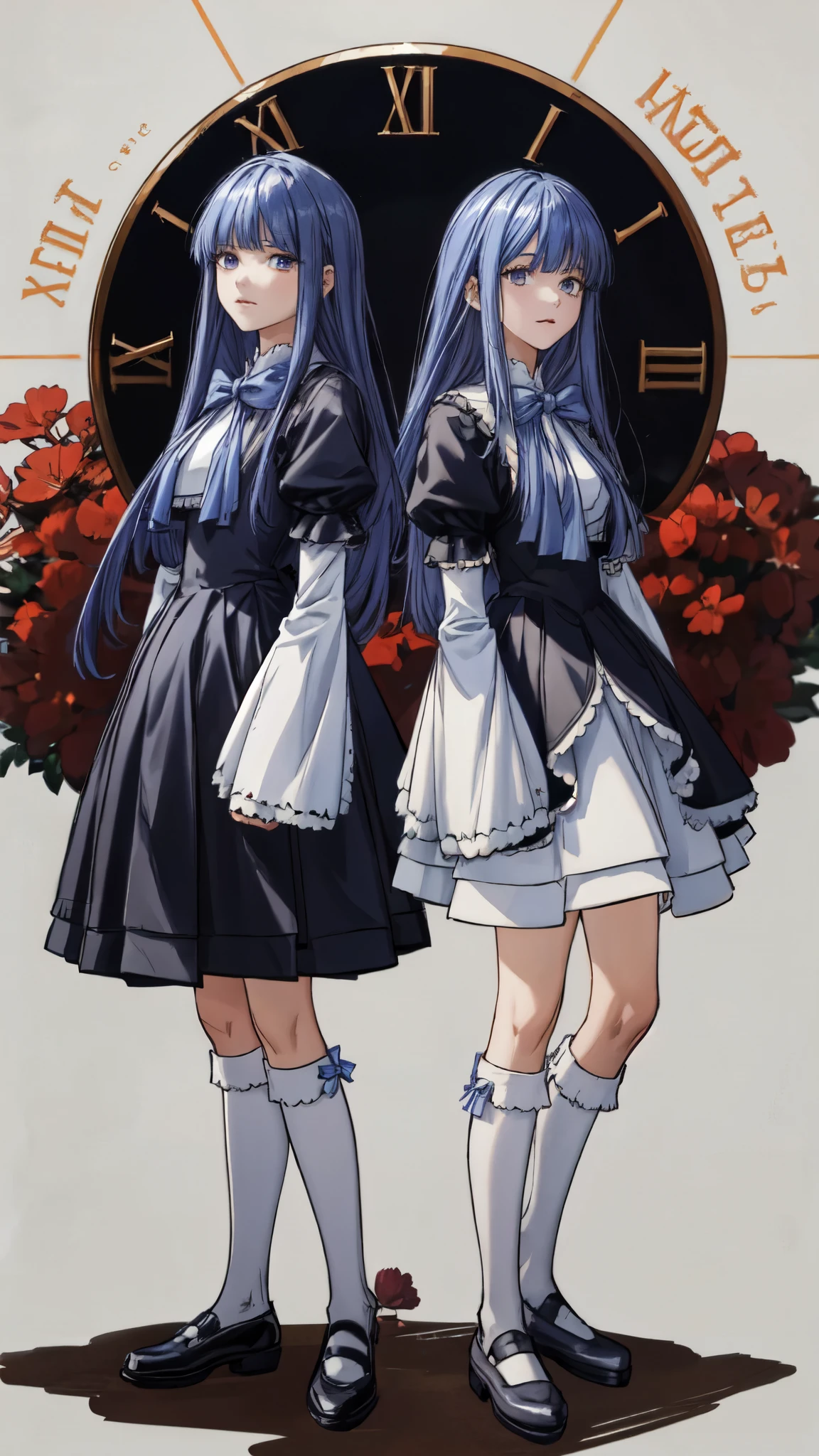 The image shows two females standing on a reflective street. The first is dressed in an elaborately detailed costume, which includes a black and white dress with a blue bowtie, knee socks, and black shoes. The costume also features a cat-tail accessory attached to the lower back, and she has long dark blue hair. The second female is wearing a school uniform of the St. Lucia Academy, complete with all its distinctive details. The lighting is bright, highlighting the vibrant colors and intricate details of their costumes and surroundings. Masterpiece. Perfect. Award winner. Professional manga-anime drawing. Perfectly well drawn hands. Perfect hands:1. The background has some kind of deformed huge clock just behind the two women.