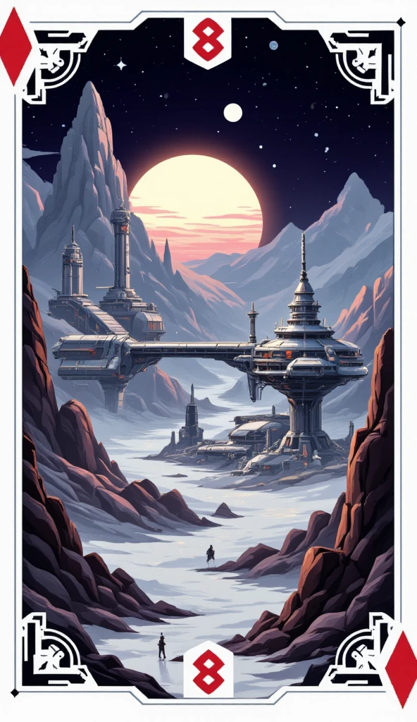 A pixel side-view design of a playing card. The card has an image of a futuristic moon base with detailed machinery and complex buildings. Sun visible in the distance.