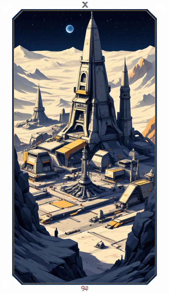 A pixel side-view design of a playing card. The card has an image of a futuristic moon base with detailed machinery and complex buildings. Sun visible in the distance.