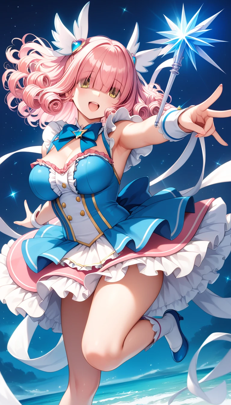 (((Panty shot)))、mini skirt、(((Rainbow Magical Girl Costume))、Beauty、Purple Hair Ponytail、((whole body))、(((photo taken from below)))、night sky